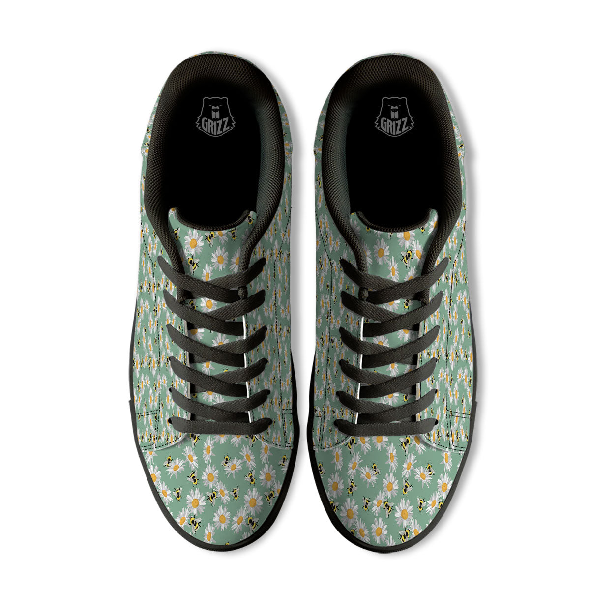Bee Flower Print Pattern Black Low Top Sneakers-grizzshop