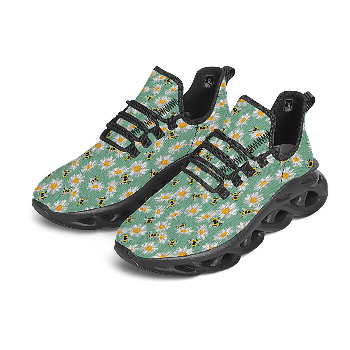 Bee Flower Print Pattern Black Running Shoes-grizzshop