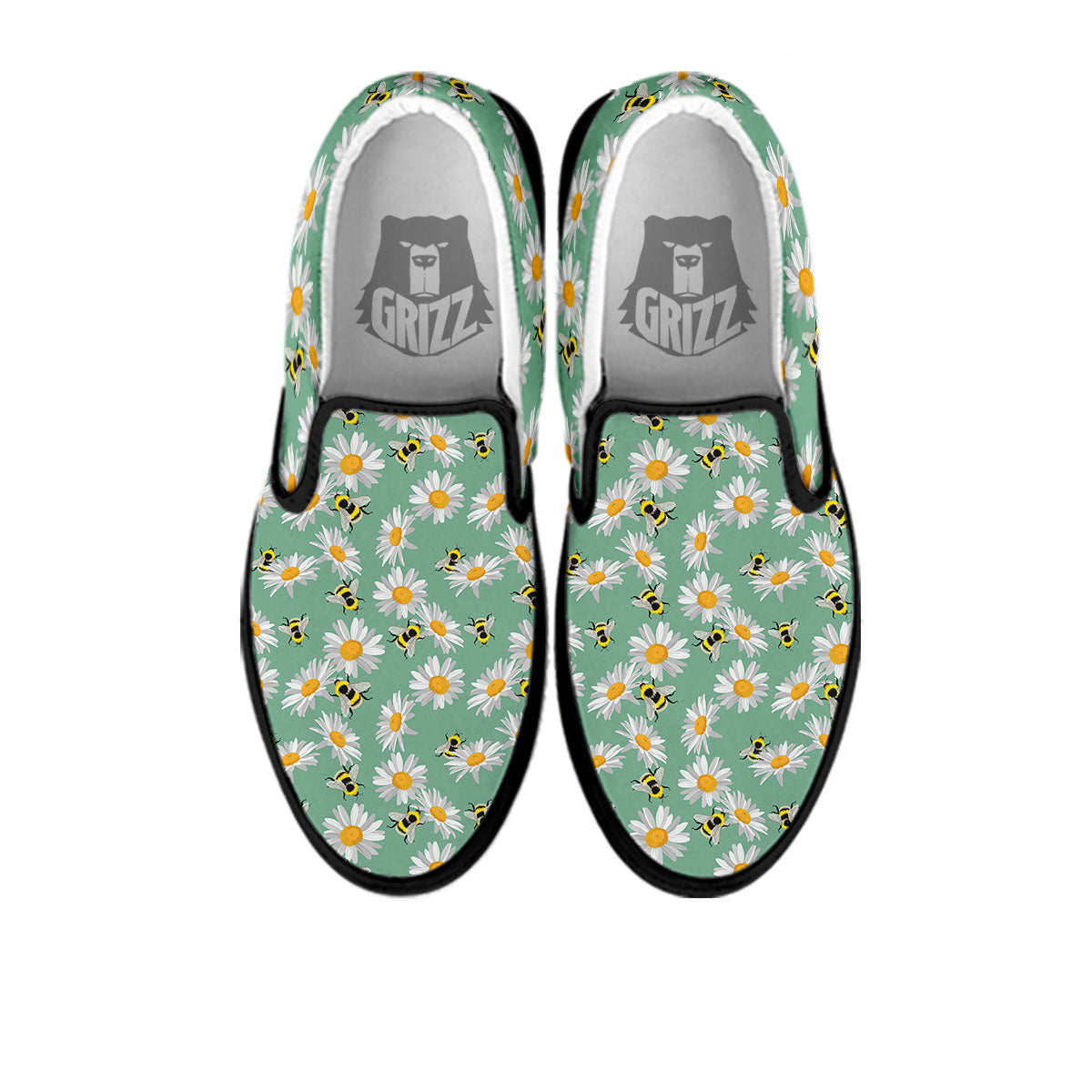 Bee Flower Print Pattern Black Slip On Shoes-grizzshop