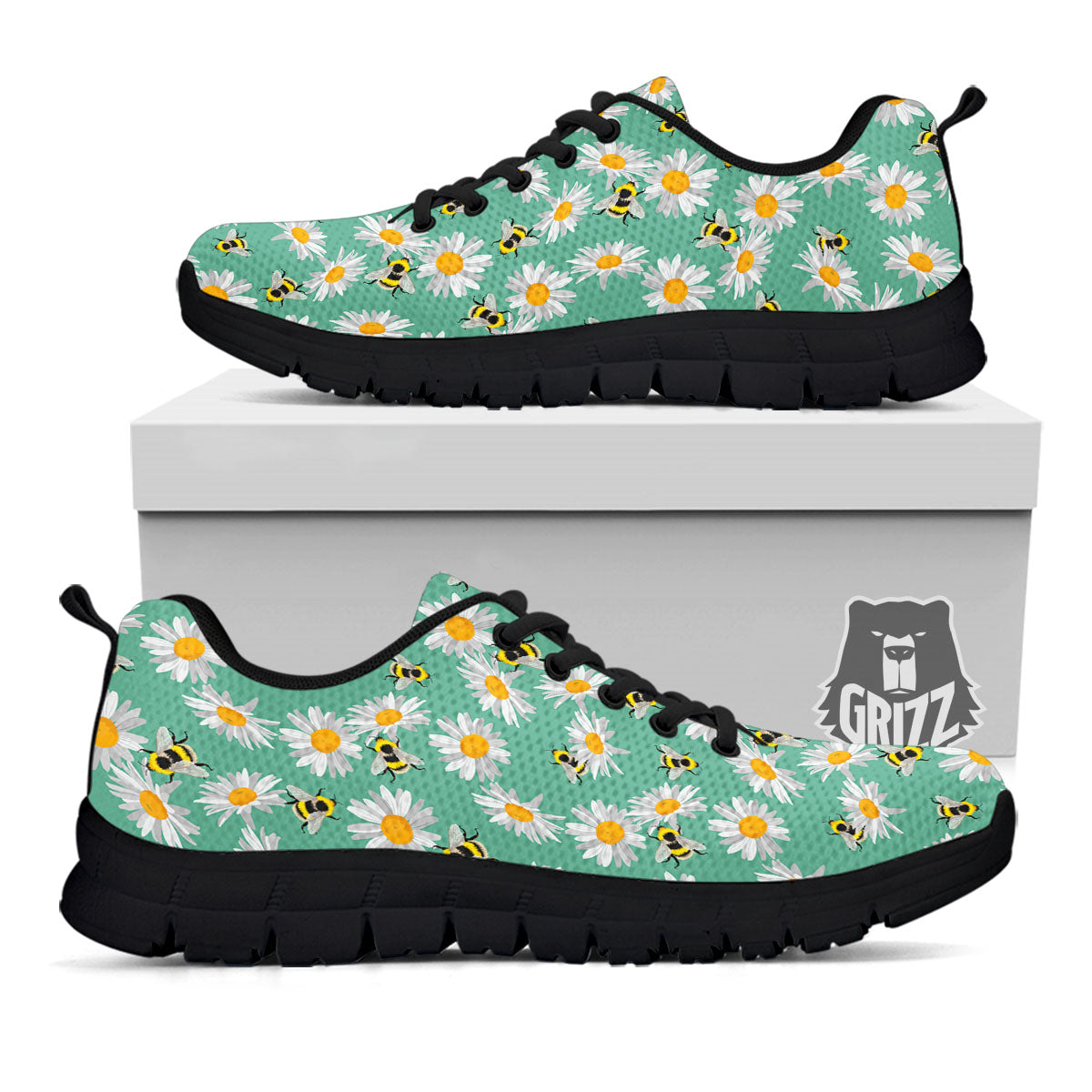Bee Flower Print Pattern Black Sneaker-grizzshop