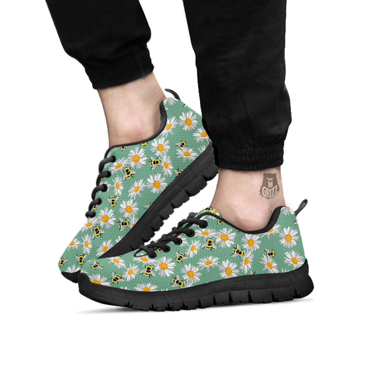 Bee Flower Print Pattern Black Sneaker-grizzshop