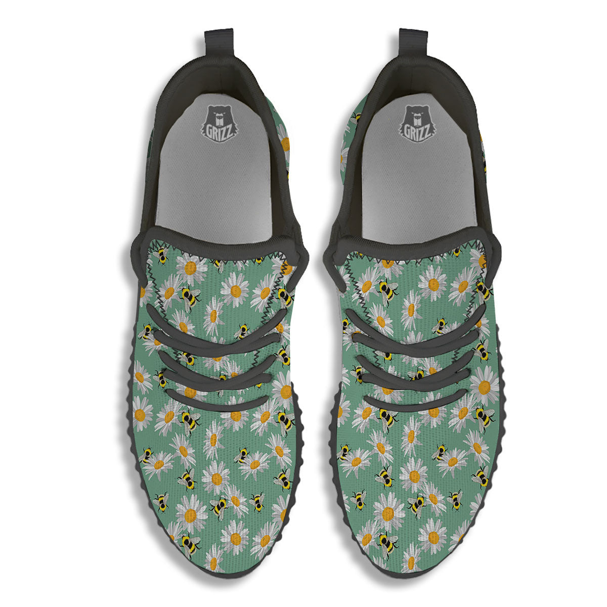 Bee Flower Print Pattern Black Walking Shoes-grizzshop