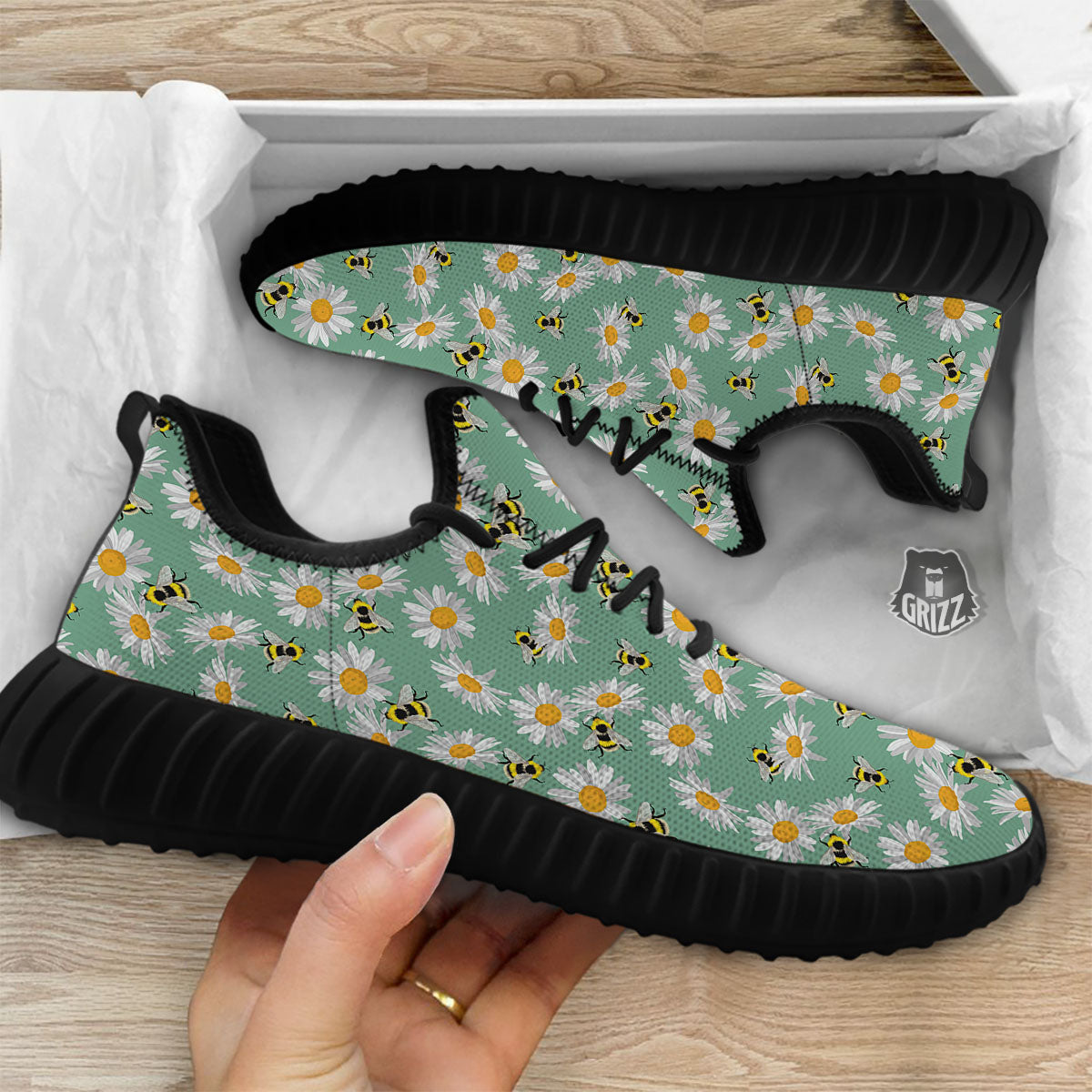 Bee Flower Print Pattern Black Walking Shoes-grizzshop