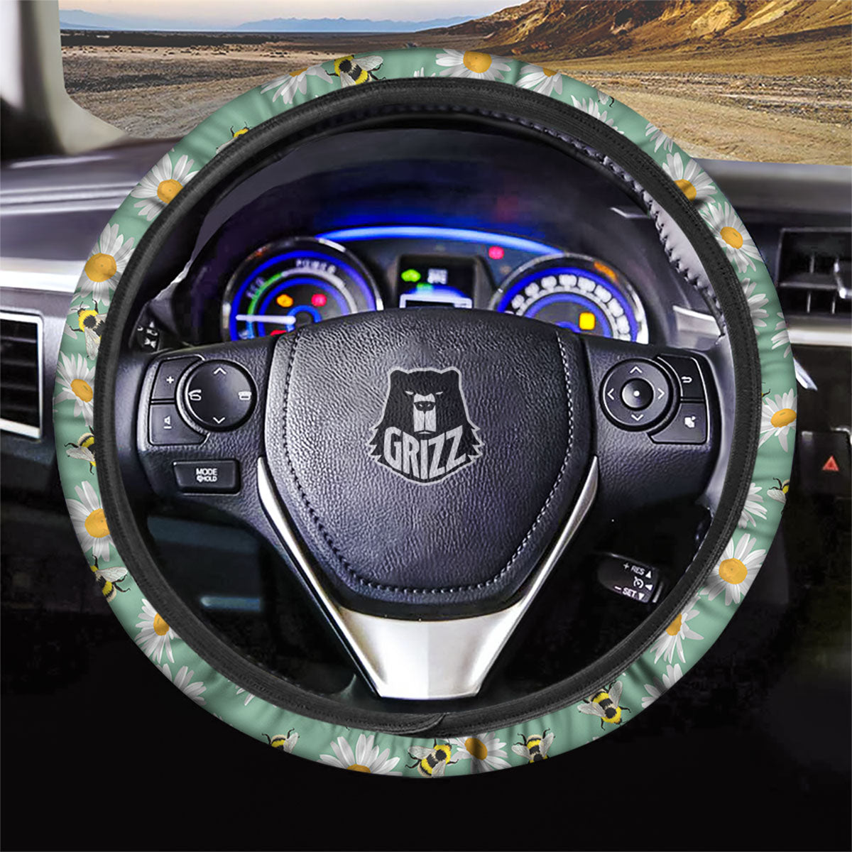 Bee Flower Print Pattern Car Steering Wheel Cover-grizzshop