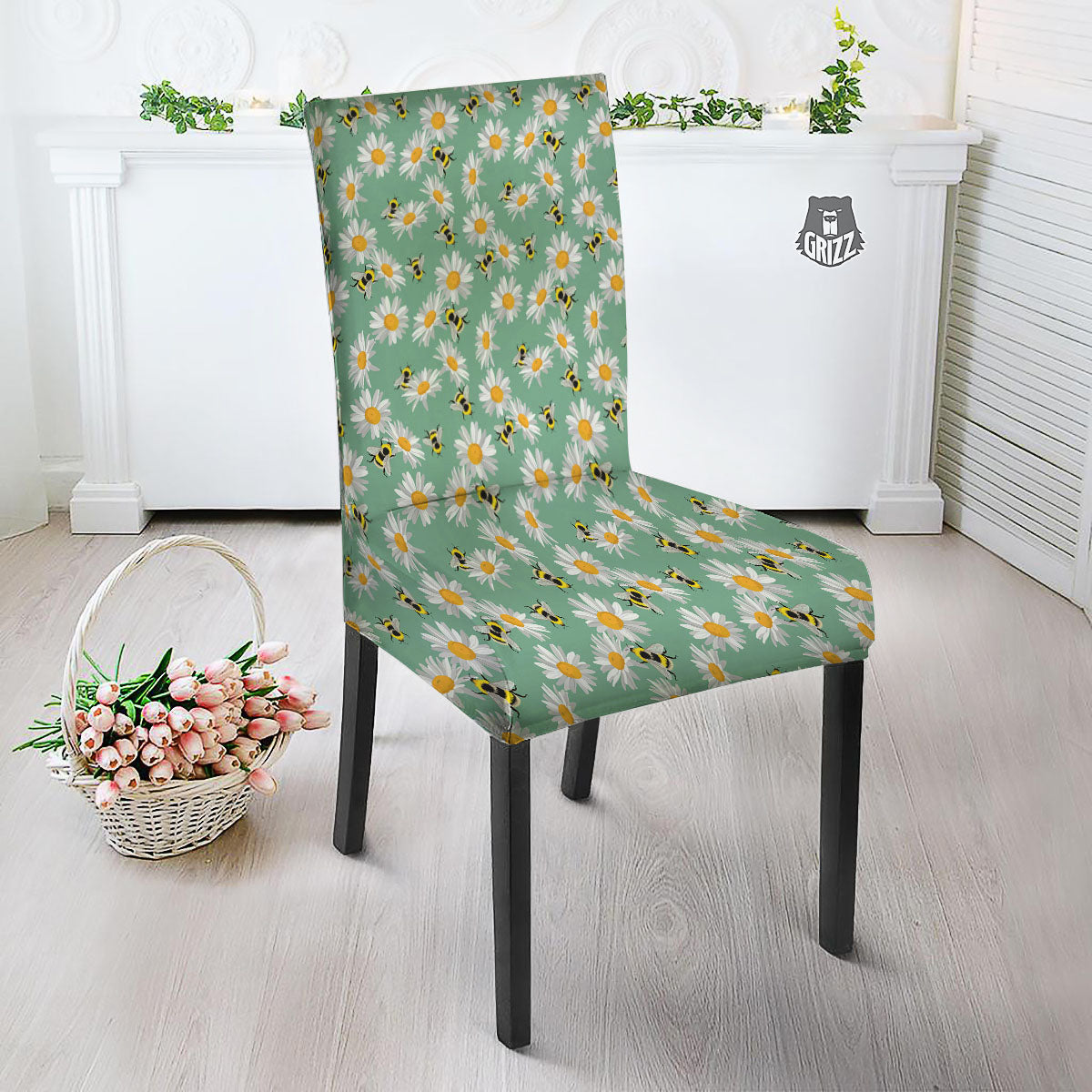 Bee Flower Print Pattern Dining Chair Slipcover-grizzshop