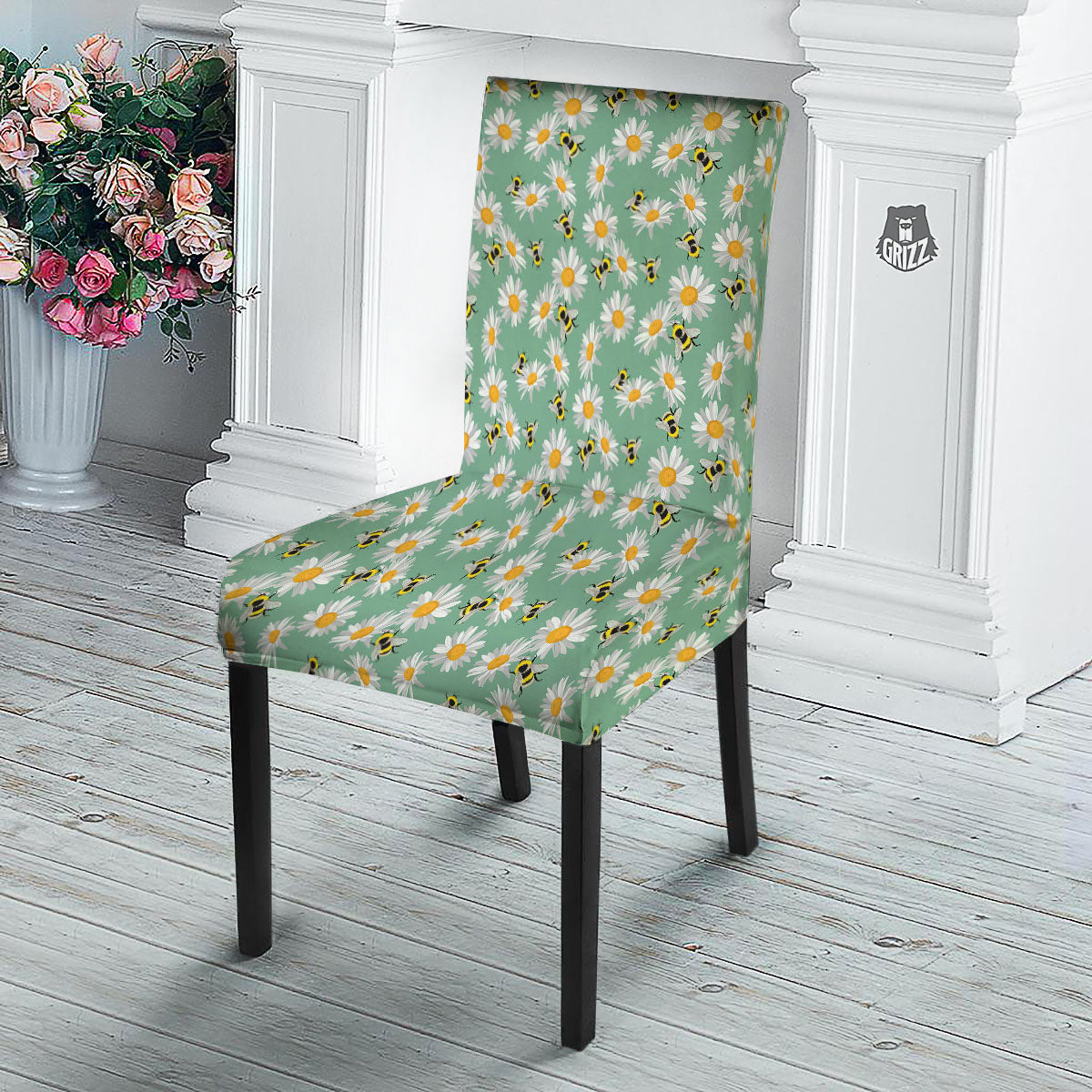 Bee Flower Print Pattern Dining Chair Slipcover-grizzshop