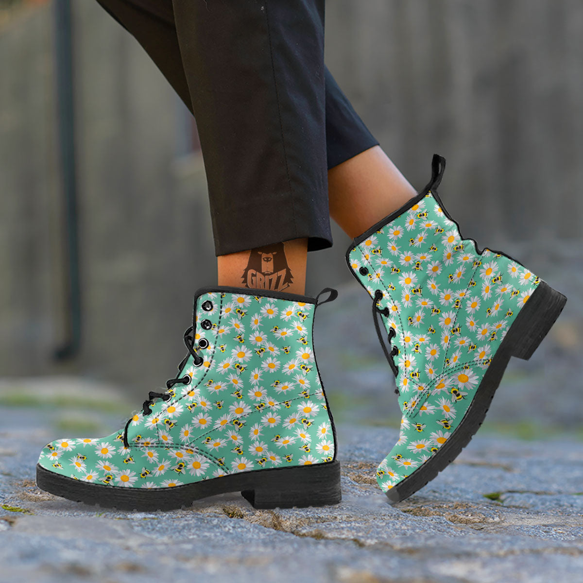 Bee Flower Print Pattern Leather Boots-grizzshop
