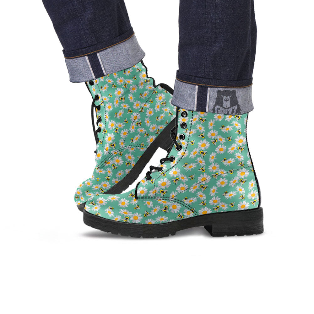 Bee Flower Print Pattern Leather Boots-grizzshop