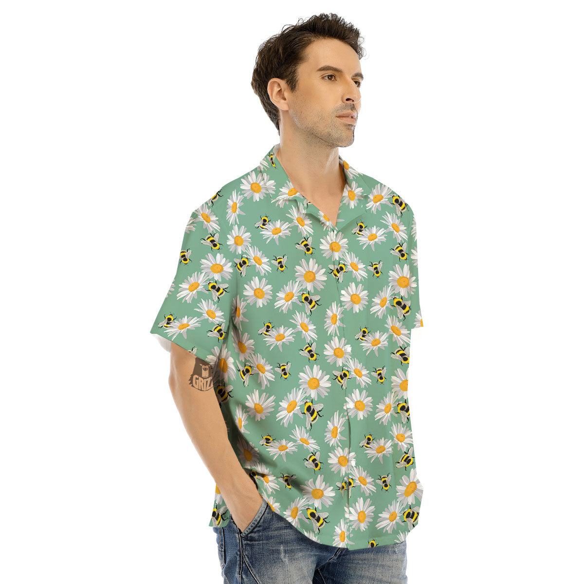 Bee Flower Print Pattern Men's Hawaiian Shirt-grizzshop