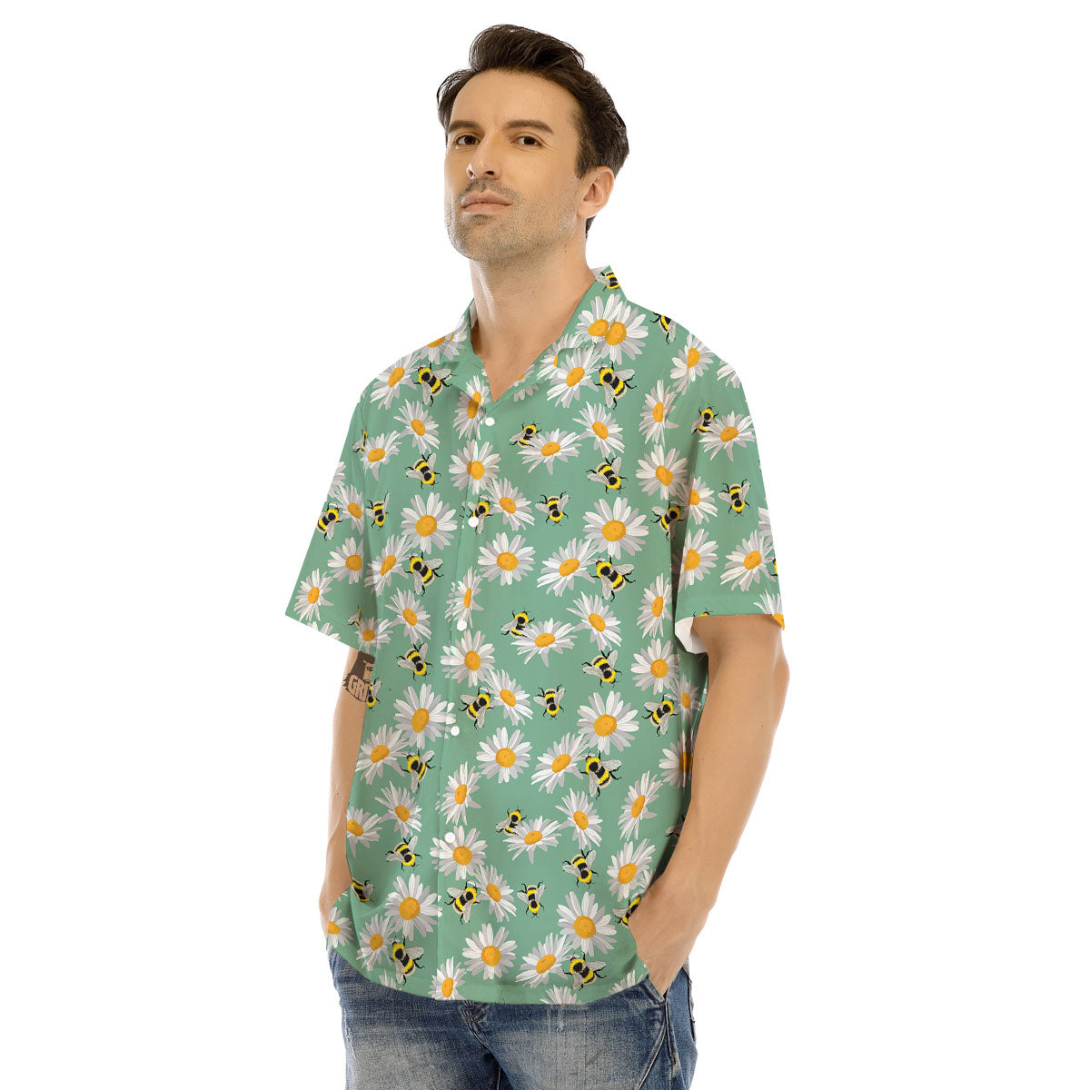 Bee Flower Print Pattern Men's Hawaiian Shirt-grizzshop