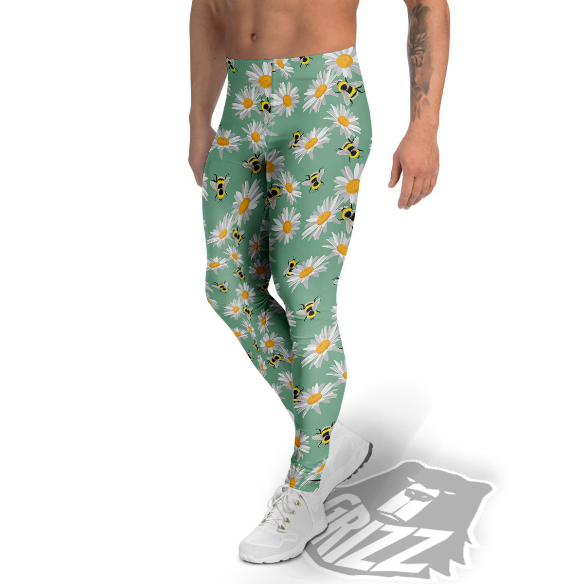 Bee Flower Print Pattern Men's Leggings-grizzshop
