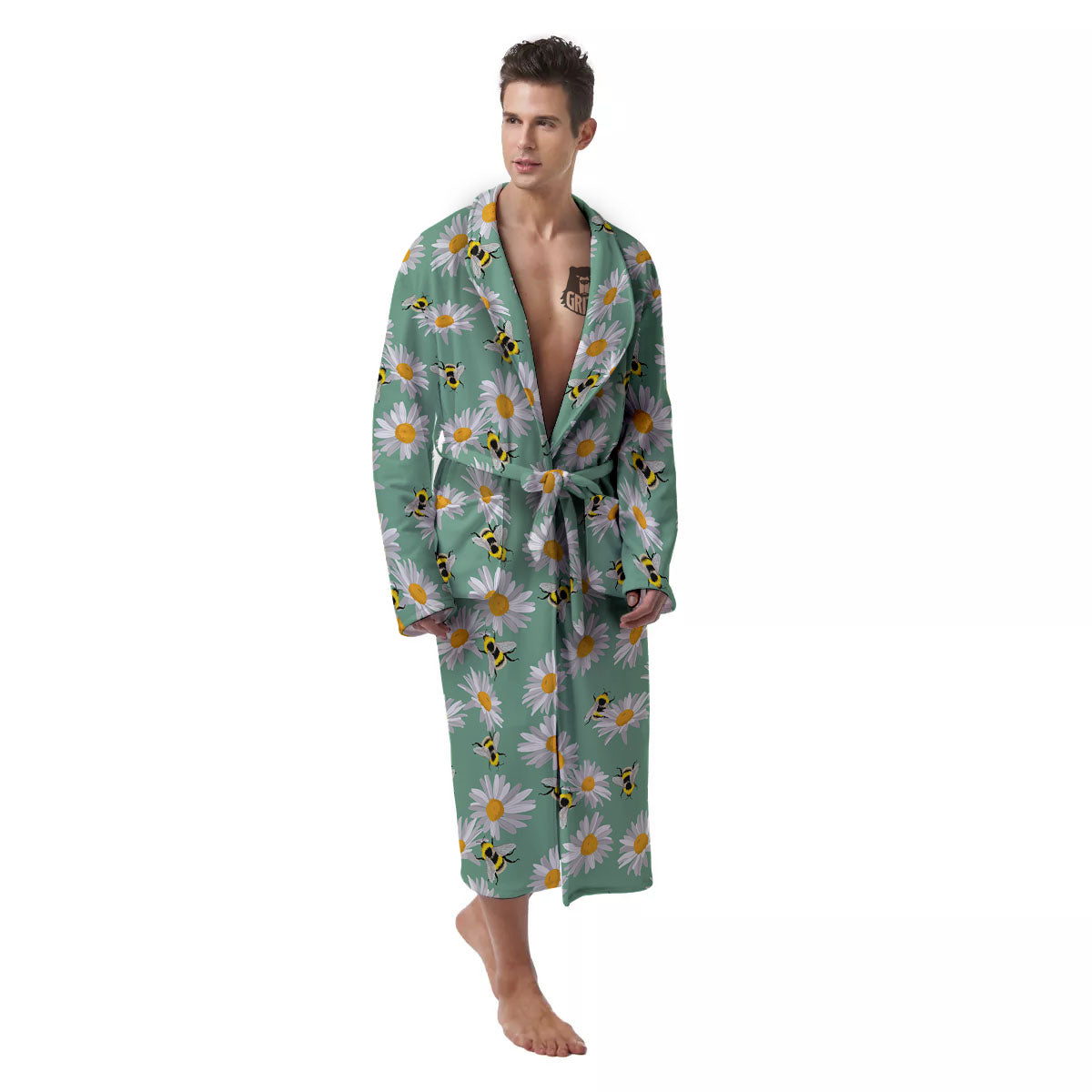 Bee Flower Print Pattern Men's Robe-grizzshop
