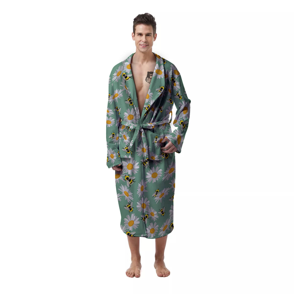 Bee Flower Print Pattern Men's Robe-grizzshop