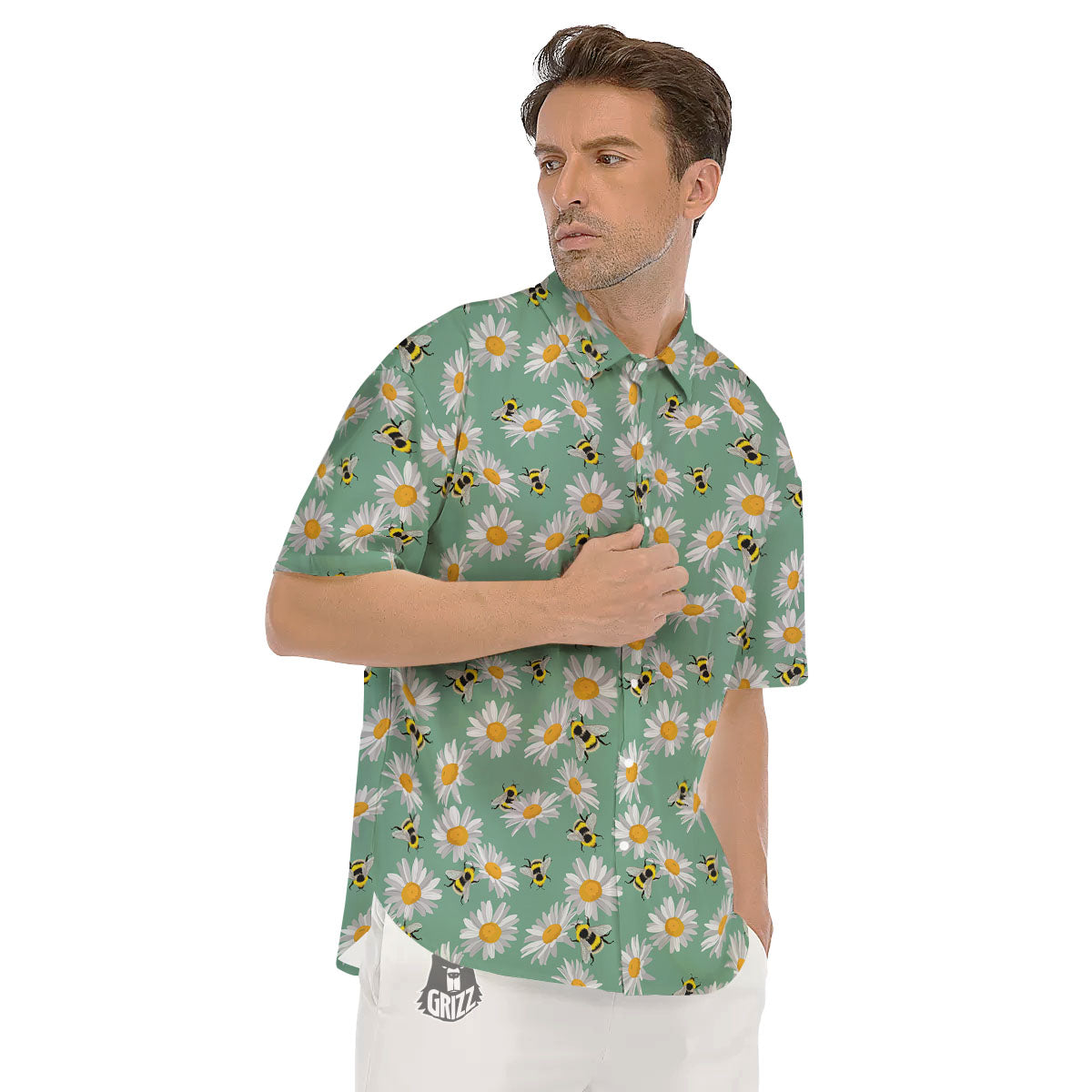 Bee Flower Print Pattern Men's Short Sleeve Shirts-grizzshop