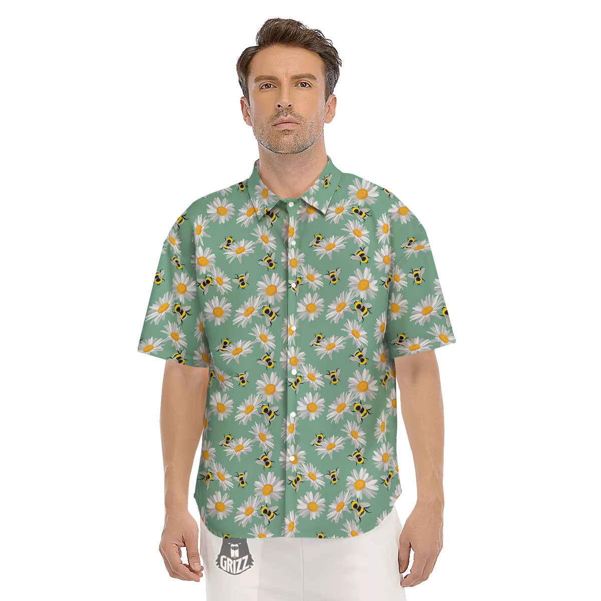 Bee Flower Print Pattern Men's Short Sleeve Shirts-grizzshop