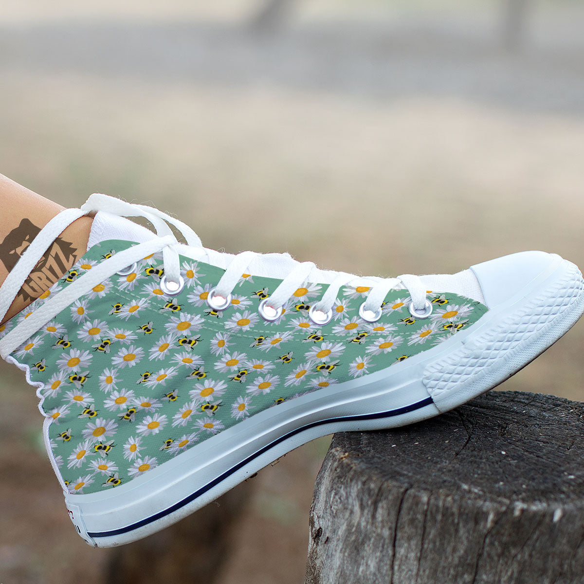 Bee Flower Print Pattern White High Top Shoes-grizzshop