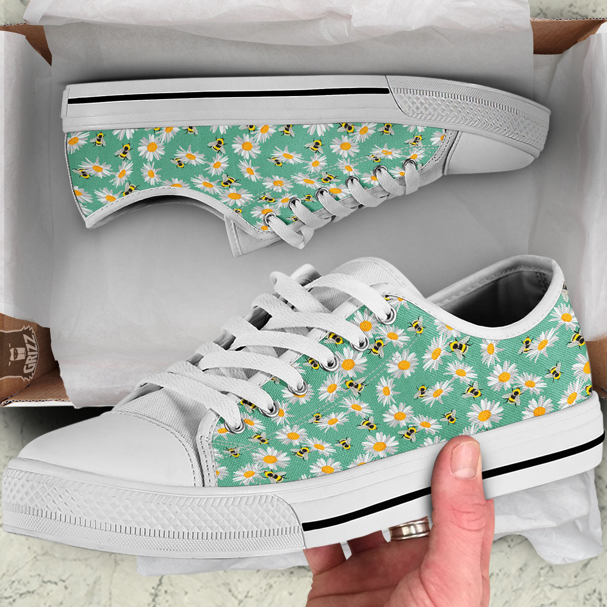 Bee Flower Print Pattern White Low Top Shoes-grizzshop