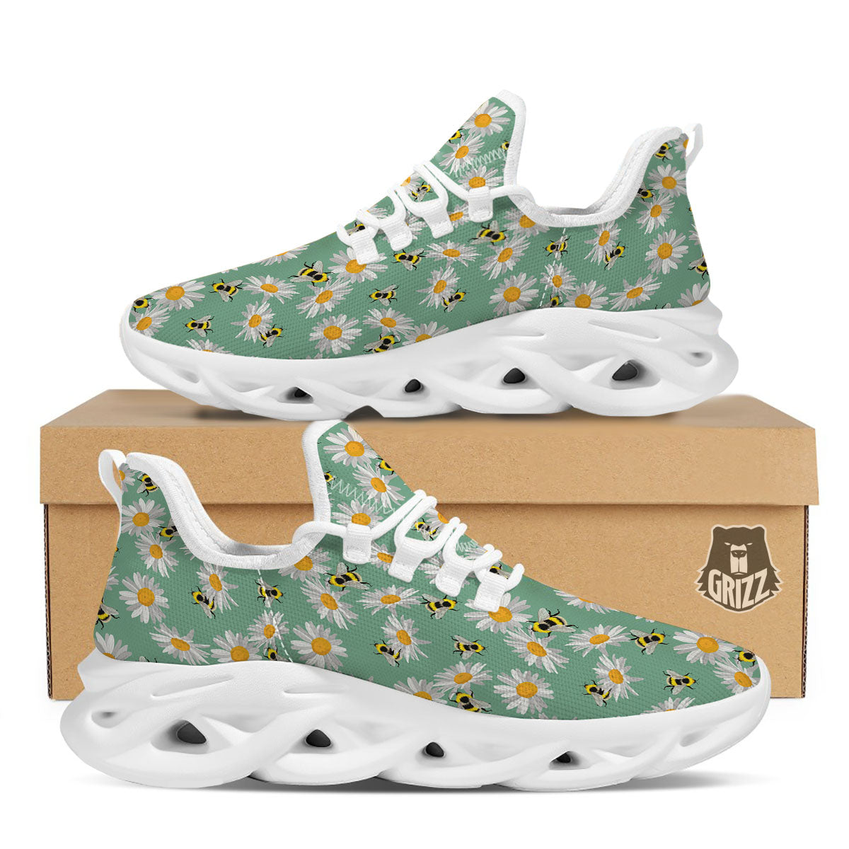 Bee Flower Print Pattern White Running Shoes-grizzshop