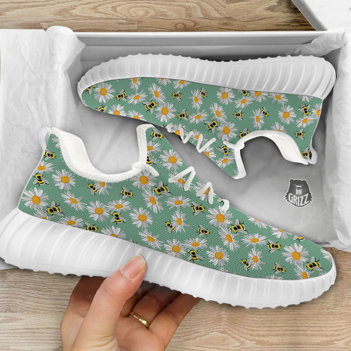 Bee Flower Print Pattern White Walking Shoes-grizzshop