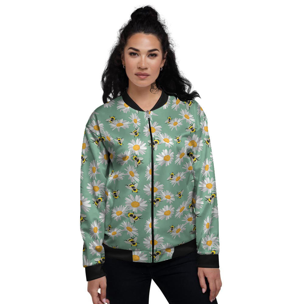 Bee Flower Print Pattern Women's Bomber Jacket-grizzshop