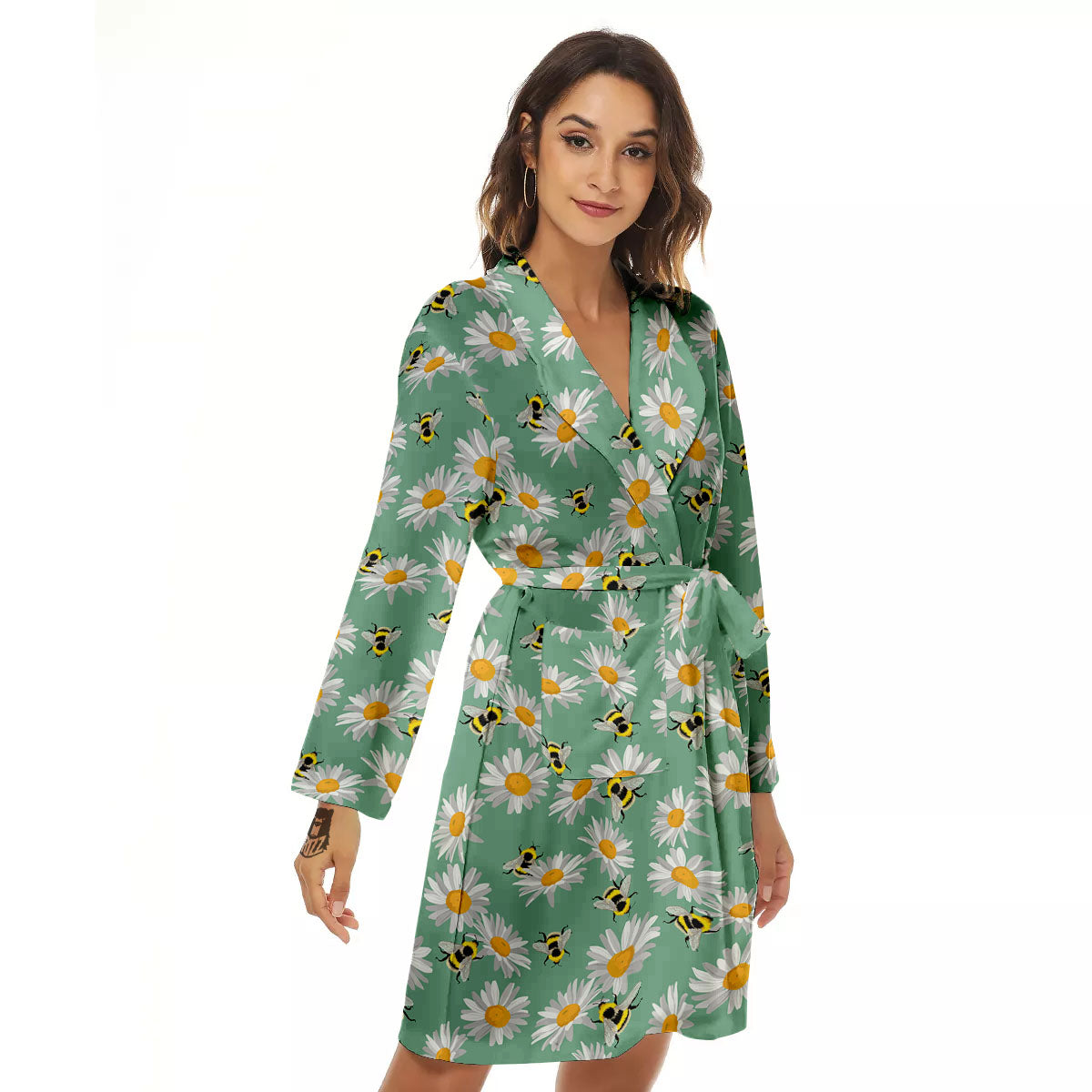 Bee Flower Print Pattern Women's Robe-grizzshop