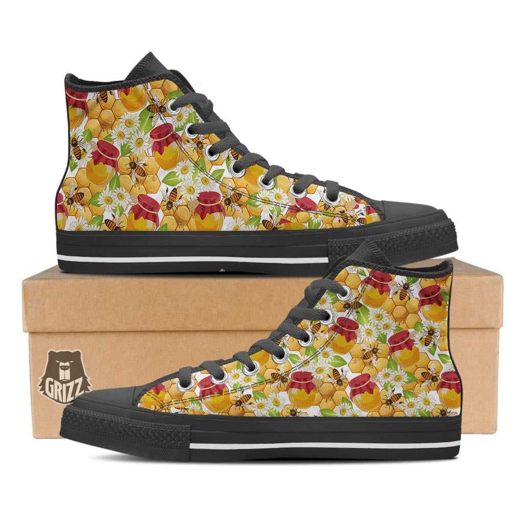 Bee Hive Sweet Honey Print Pattern Black High Top Shoes-grizzshop