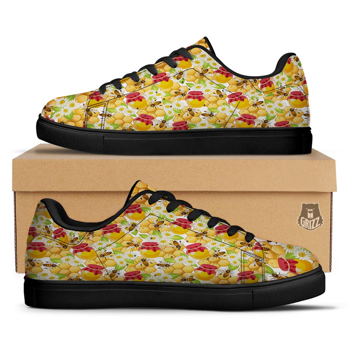 Bee Hive Sweet Honey Print Pattern Black Low Top Sneakers-grizzshop