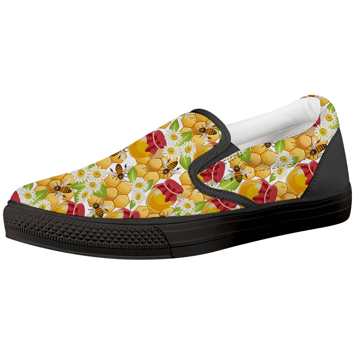 Bee Hive Sweet Honey Print Pattern Black Slip On Shoes-grizzshop