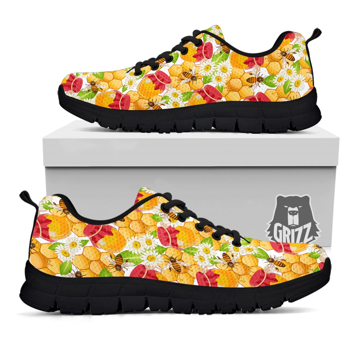 Bee Hive Sweet Honey Print Pattern Black Sneaker-grizzshop