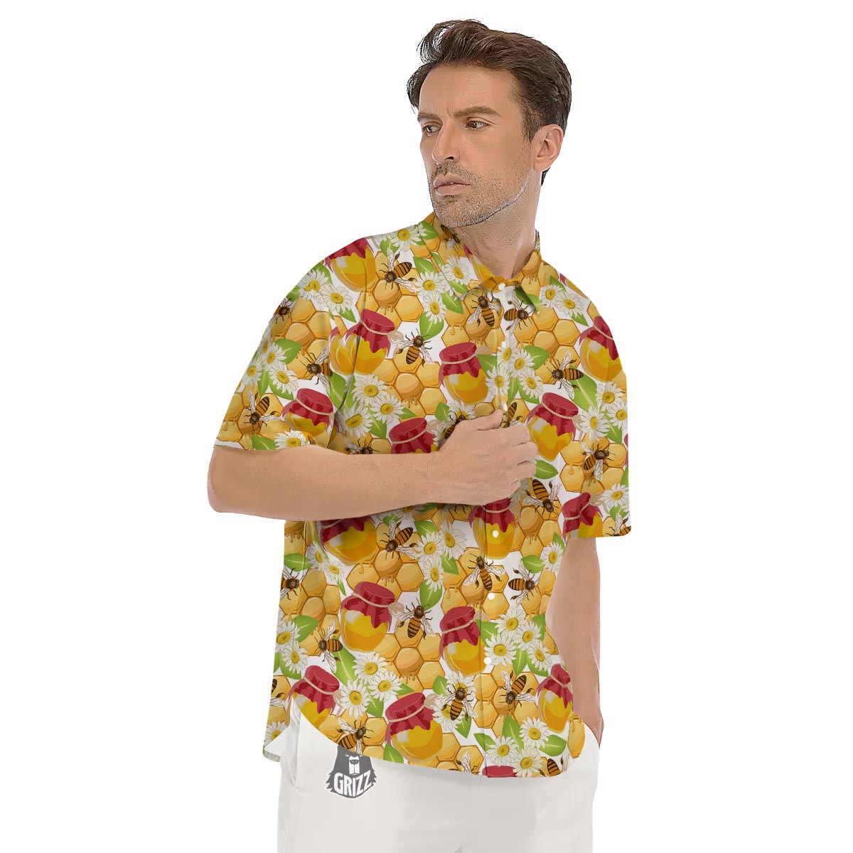 Bee Hive Sweet Honey Print Pattern Men's Short Sleeve Shirts-grizzshop