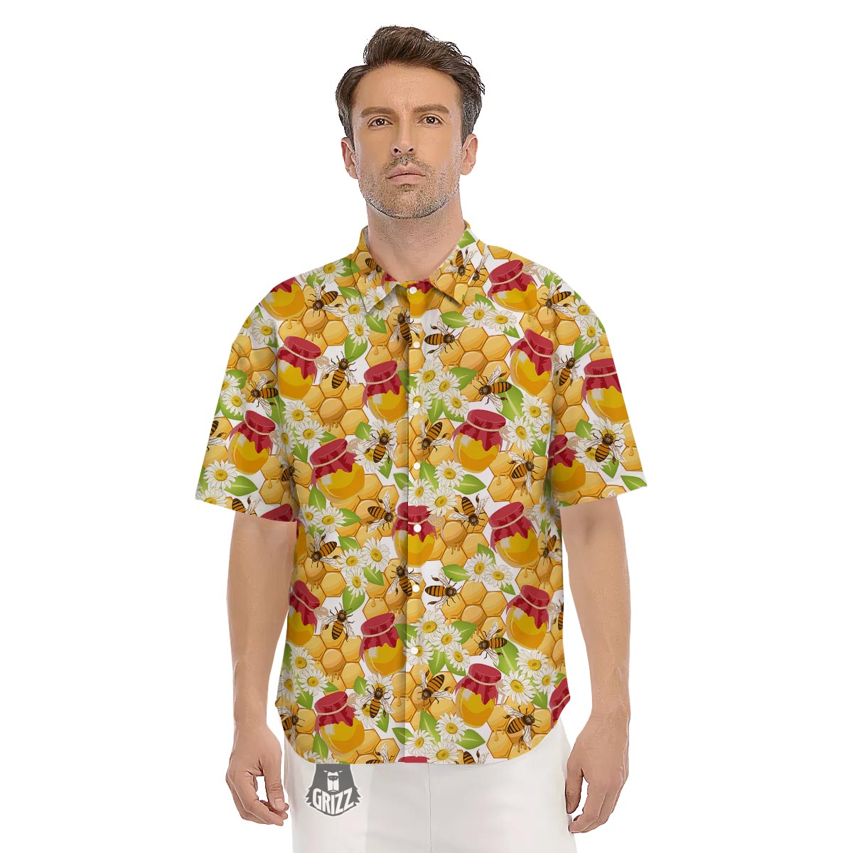 Bee Hive Sweet Honey Print Pattern Men's Short Sleeve Shirts-grizzshop