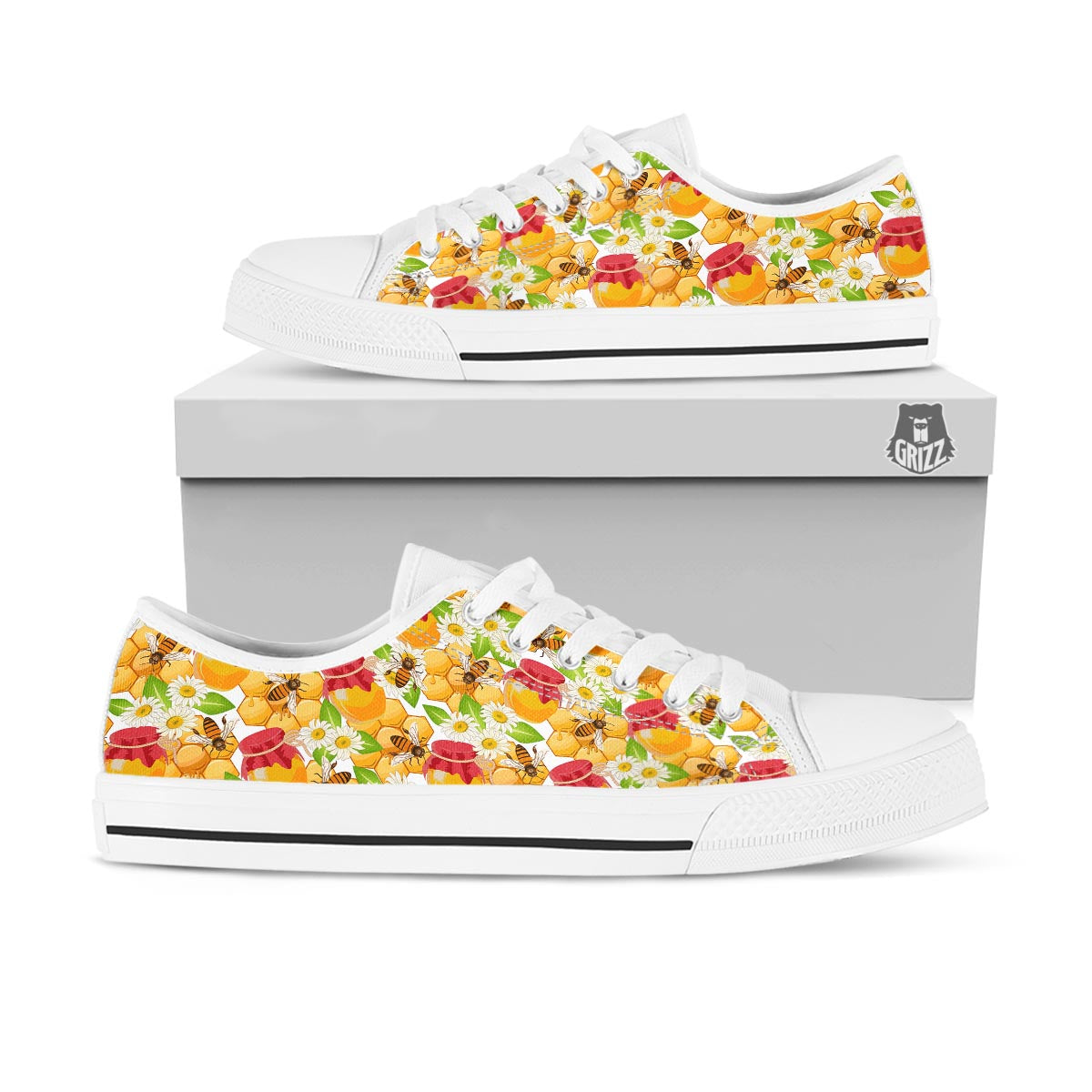 Bee Hive Sweet Honey Print Pattern White Low Top Shoes-grizzshop