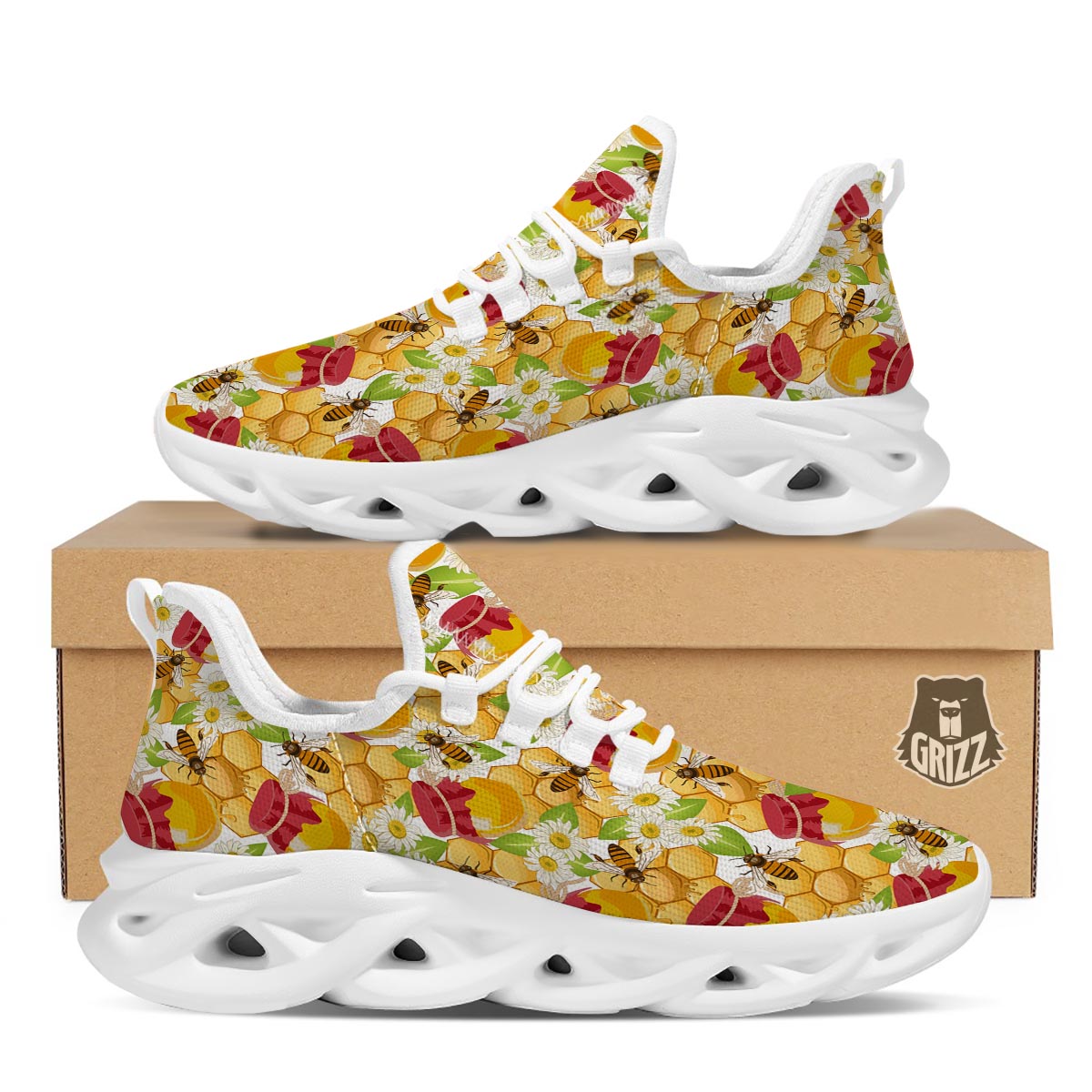 Bee Hive Sweet Honey Print Pattern White Running Shoes-grizzshop