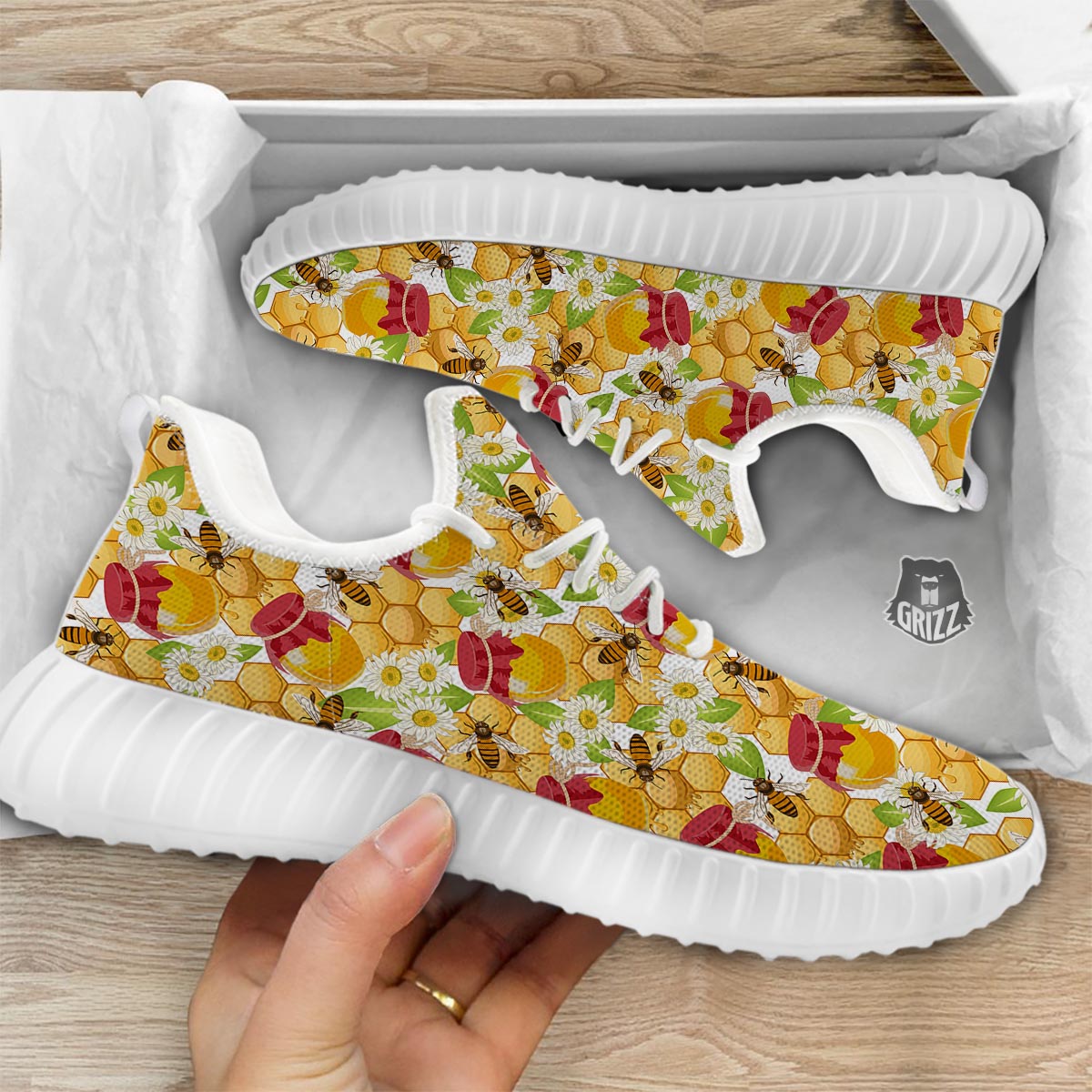 Bee Hive Sweet Honey Print Pattern White Walking Shoes-grizzshop