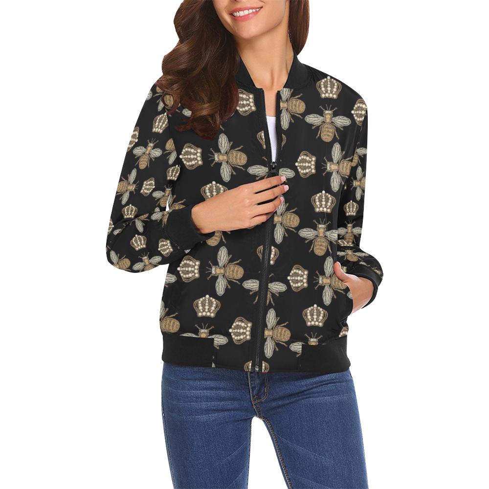 Bee Honey Gifts Pattern Print Women Casual Bomber Jacket-grizzshop