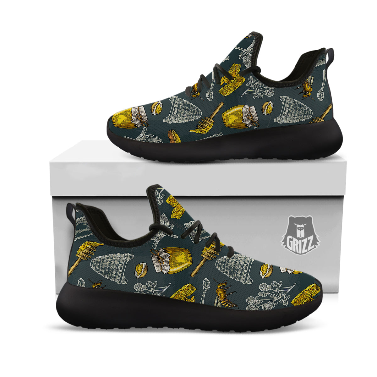 Bee Honey Vintage Print Pattern Black Athletic Shoes-grizzshop