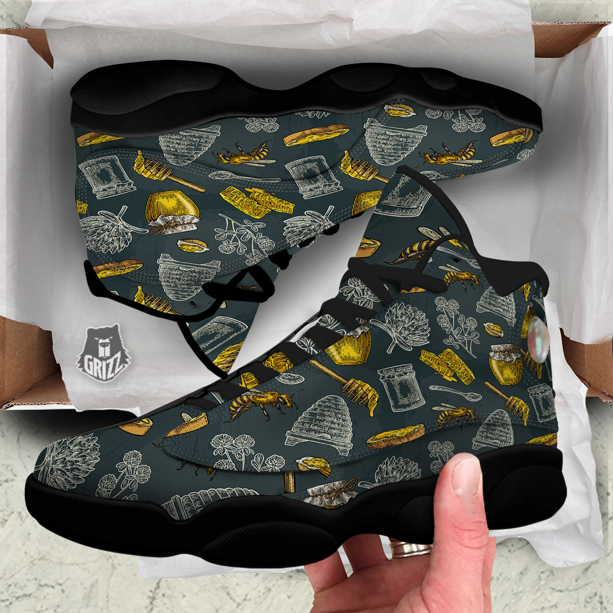 Bee Honey Vintage Print Pattern Black Basketball Shoes-grizzshop