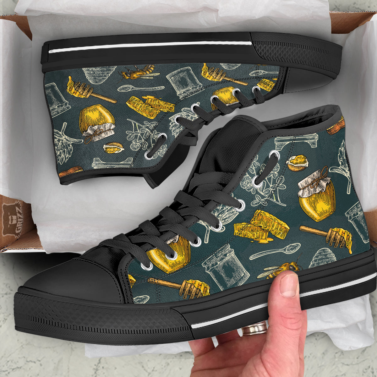 Bee Honey Vintage Print Pattern Black High Top Shoes-grizzshop