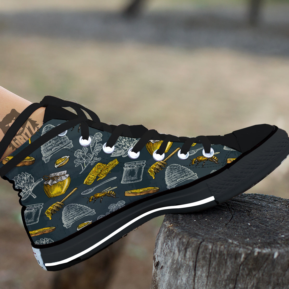 Bee Honey Vintage Print Pattern Black High Top Shoes-grizzshop