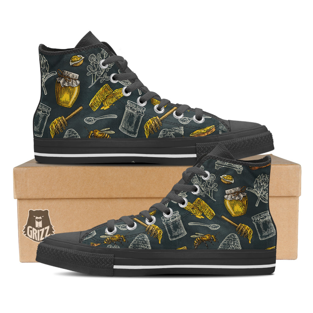 Bee Honey Vintage Print Pattern Black High Top Shoes-grizzshop
