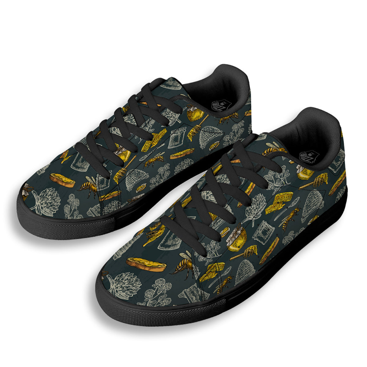 Bee Honey Vintage Print Pattern Black Low Top Sneakers-grizzshop