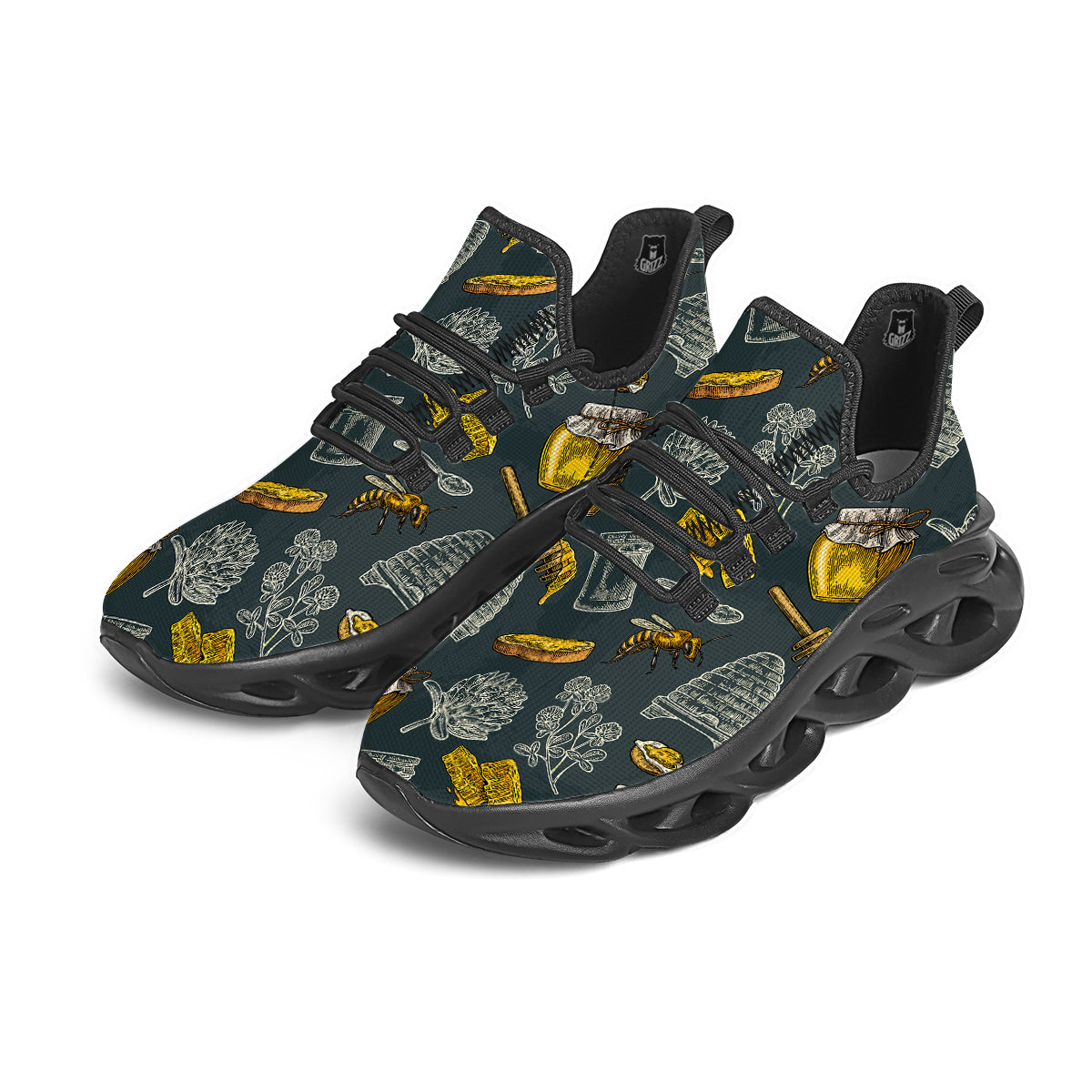 Bee Honey Vintage Print Pattern Black Running Shoes-grizzshop