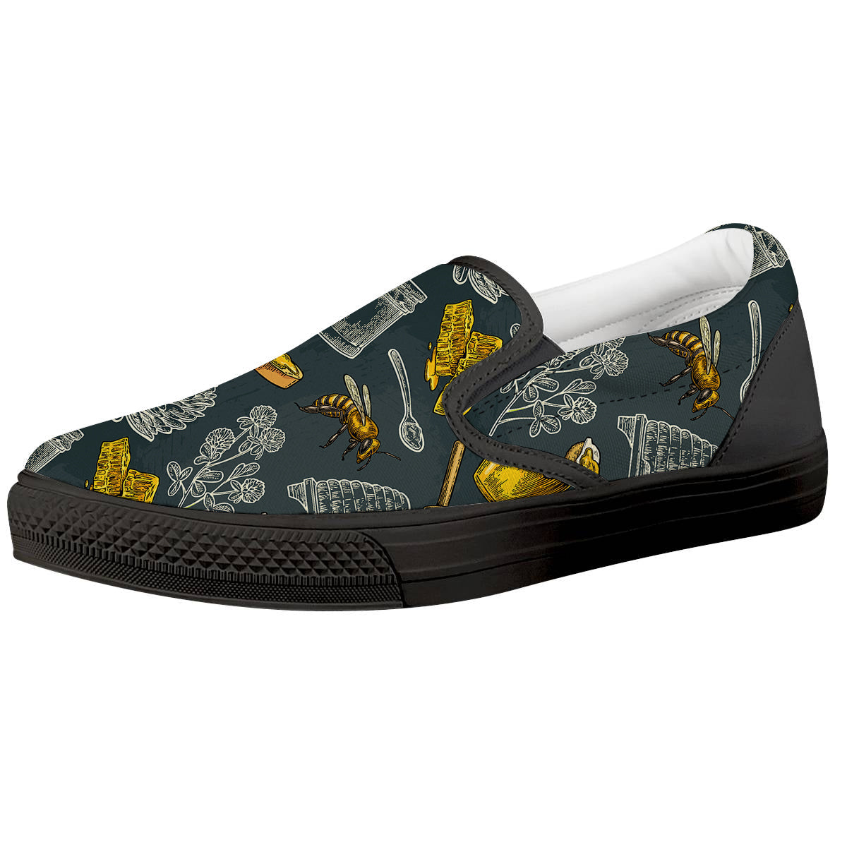 Bee Honey Vintage Print Pattern Black Slip On Shoes-grizzshop
