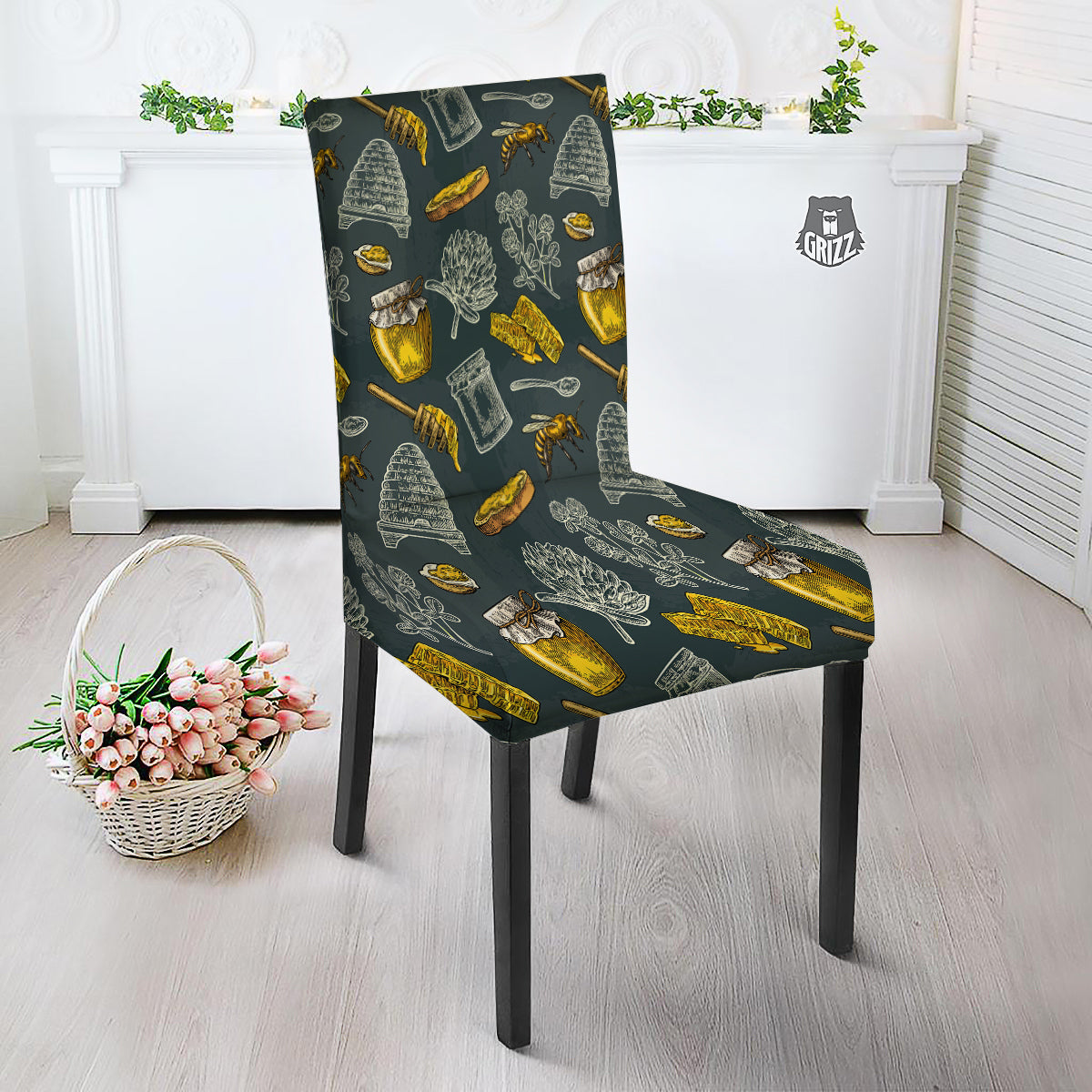 Bee Honey Vintage Print Pattern Dining Chair Slipcover-grizzshop