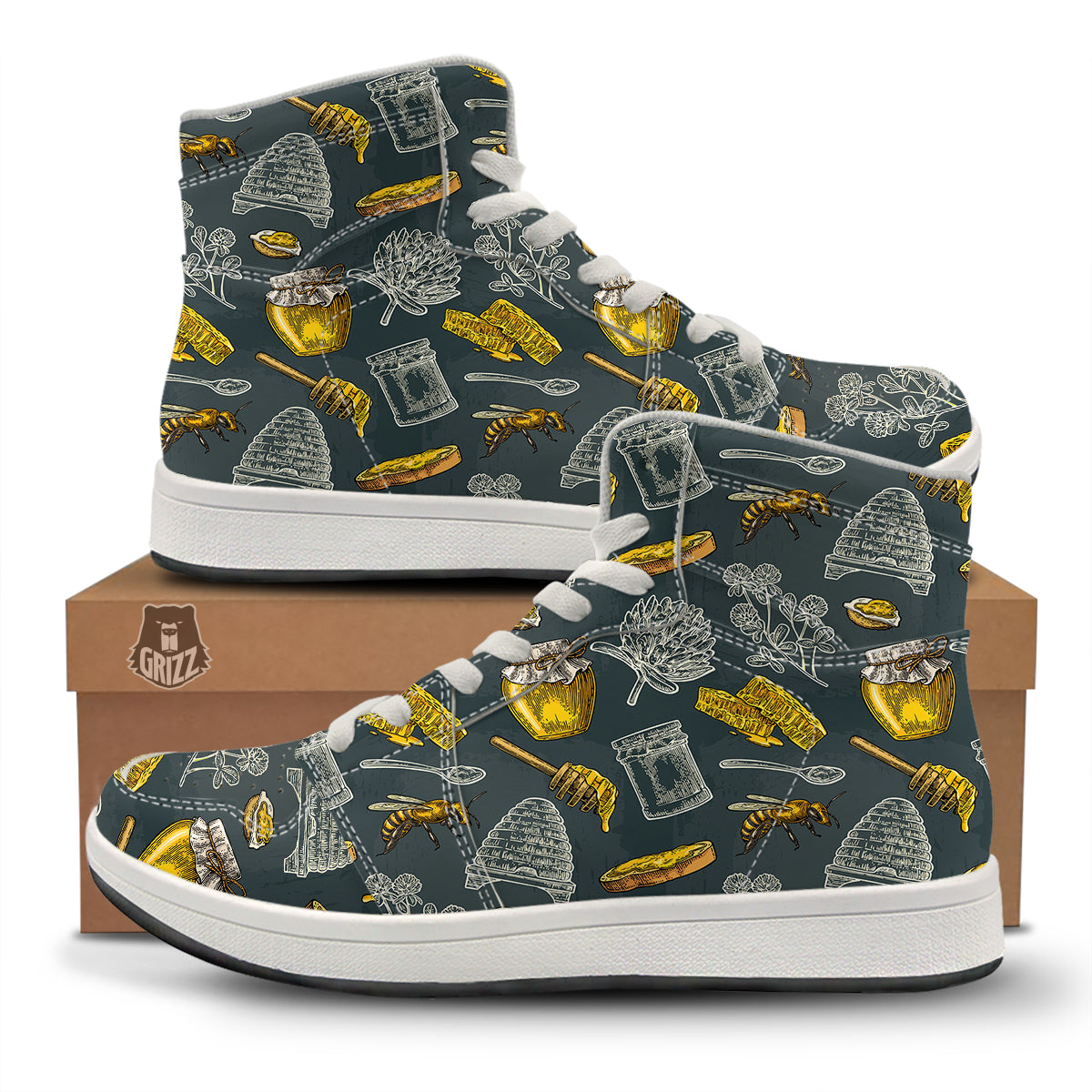 Bee Honey Vintage Print Pattern High Top Sneakers-grizzshop