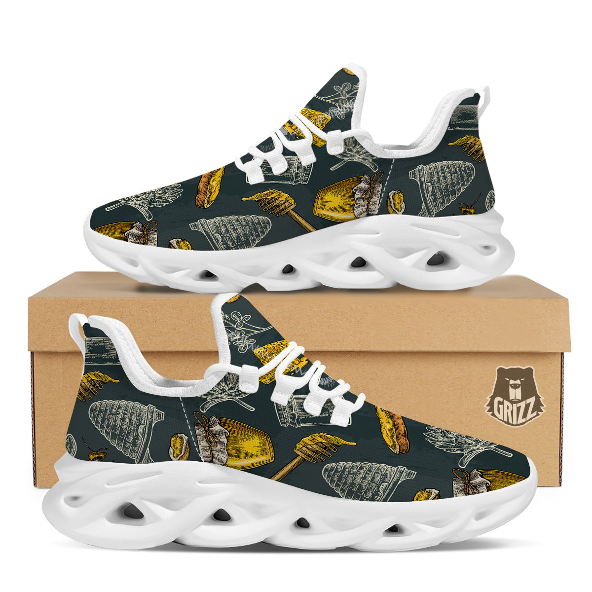 Bee Honey Vintage Print Pattern White Running Shoes-grizzshop