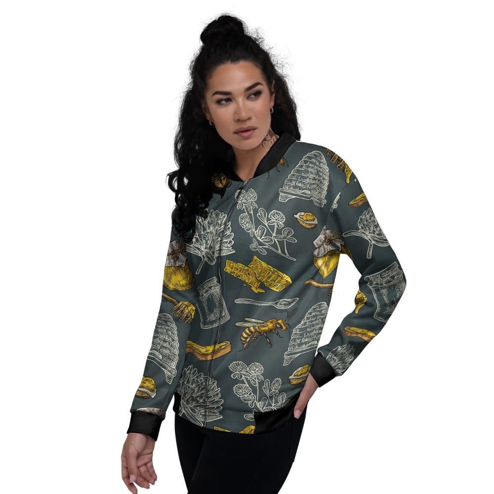 Bee Honey Vintage Print Pattern Women's Bomber Jacket-grizzshop