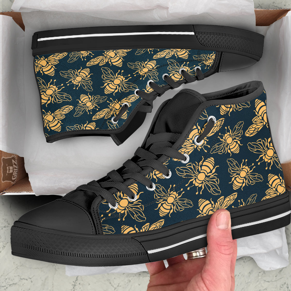 Bee Vintage Print Pattern Black High Top Shoes-grizzshop