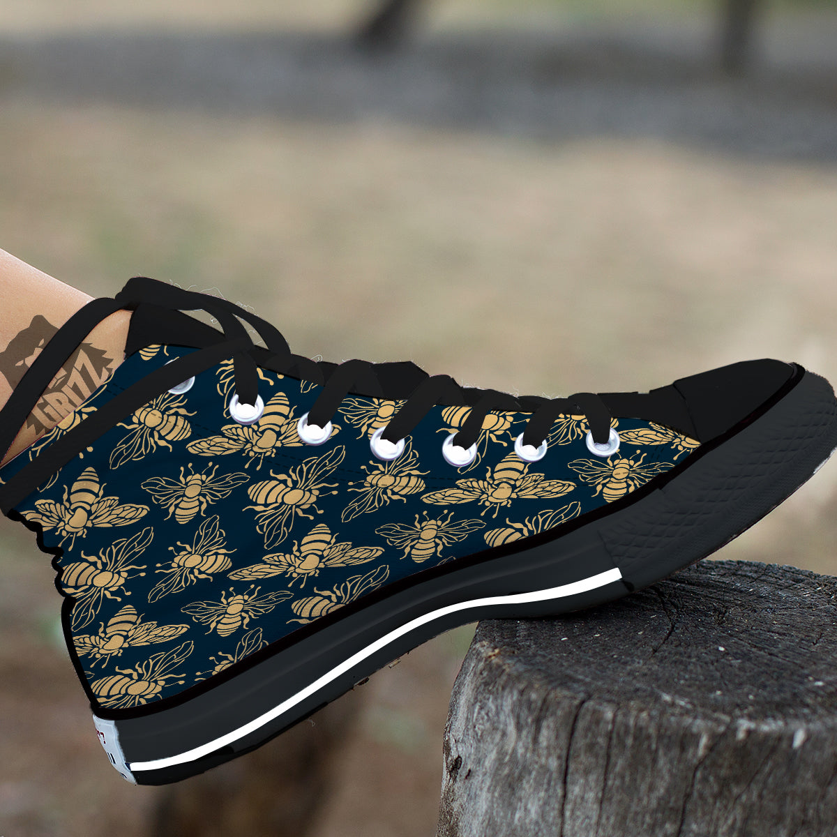 Bee Vintage Print Pattern Black High Top Shoes-grizzshop