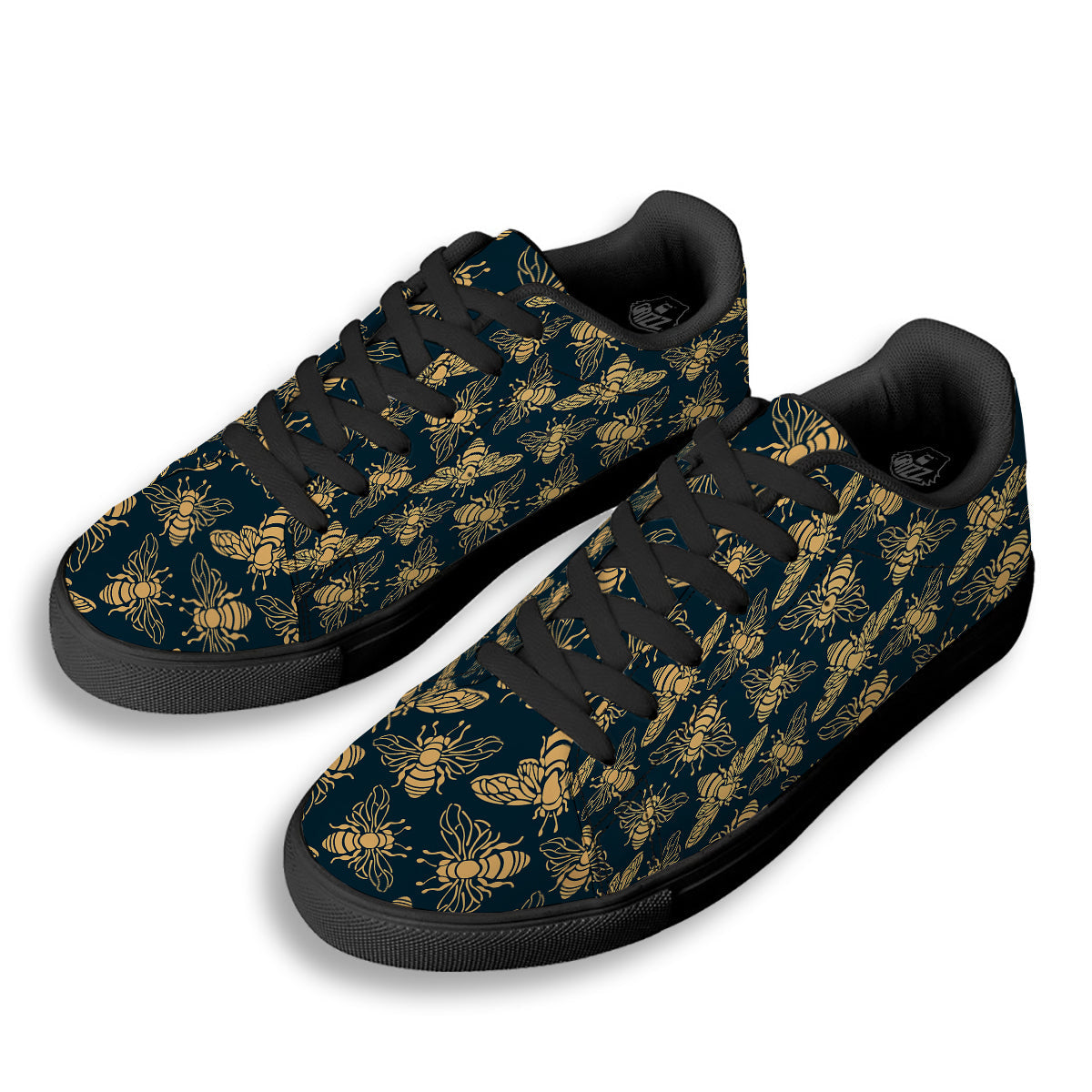 Bee Vintage Print Pattern Black Low Top Sneakers-grizzshop